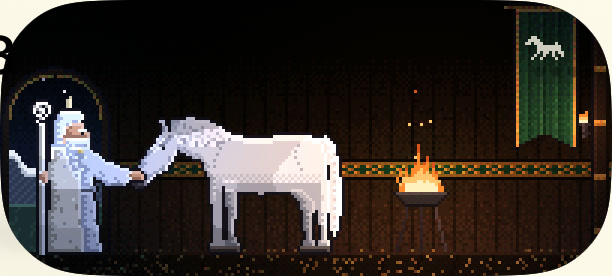 Edoras in the evening: inside the hall, the White Wizard reaches out to Shadowfax by a fire, under a green banner with a white horse.