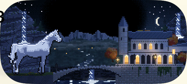 Rivendell at deep night: Shadowfax stands by the waterfalls and the bridge, the house’s windows lit gold under a crescent moon.