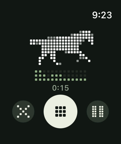 The Apple Watch recording a take at 0:15: the dotted galloping horse over a green level meter, with discard, stop and pause buttons.