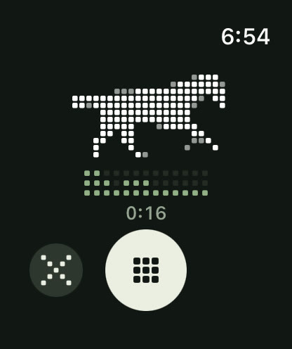 The Apple Watch while I talk: the dotted horse galloping over a green level meter, the take at 0:16, with a discard button and a large stop button.